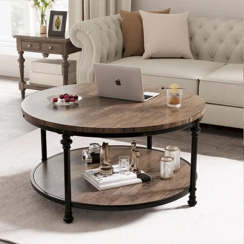 Round Coffee Table Living Room Rustic Circle Center Table with Storage Shelf