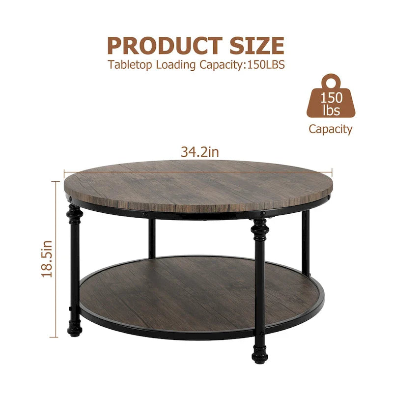 Natural Wood Round Coffee Table with 2-Tier Storage