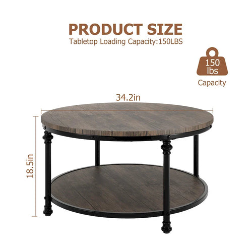 Antique Oak & Walnut Round Coffee Table with 2-Tier Shelf