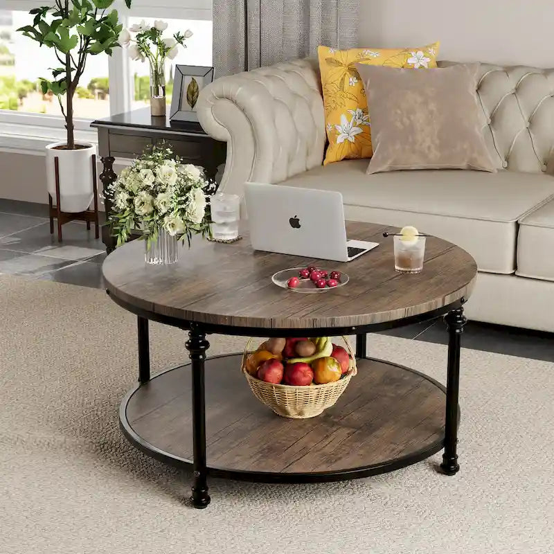 Natural Wood Round Coffee Table with 2-Tier Storage