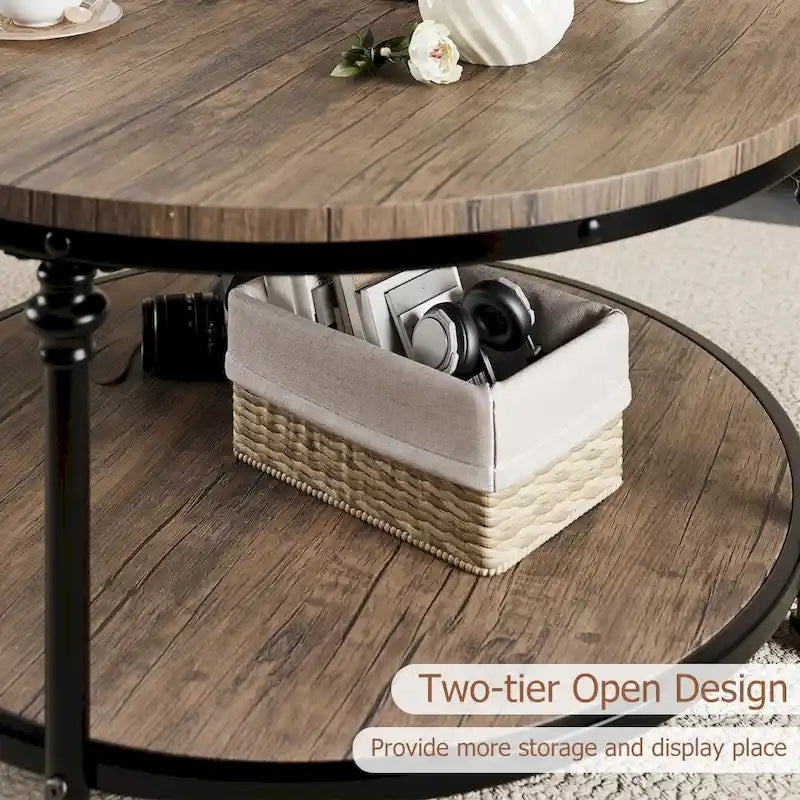 Natural Wood Round Coffee Table with 2-Tier Storage