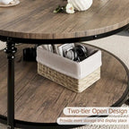 Natural Wood Round Coffee Table with 2-Tier Storage