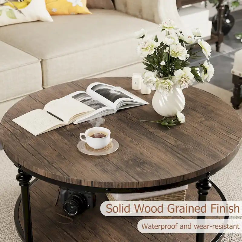 Natural Wood Round Coffee Table with 2-Tier Storage