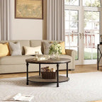 Natural Wood Round Coffee Table with 2-Tier Storage