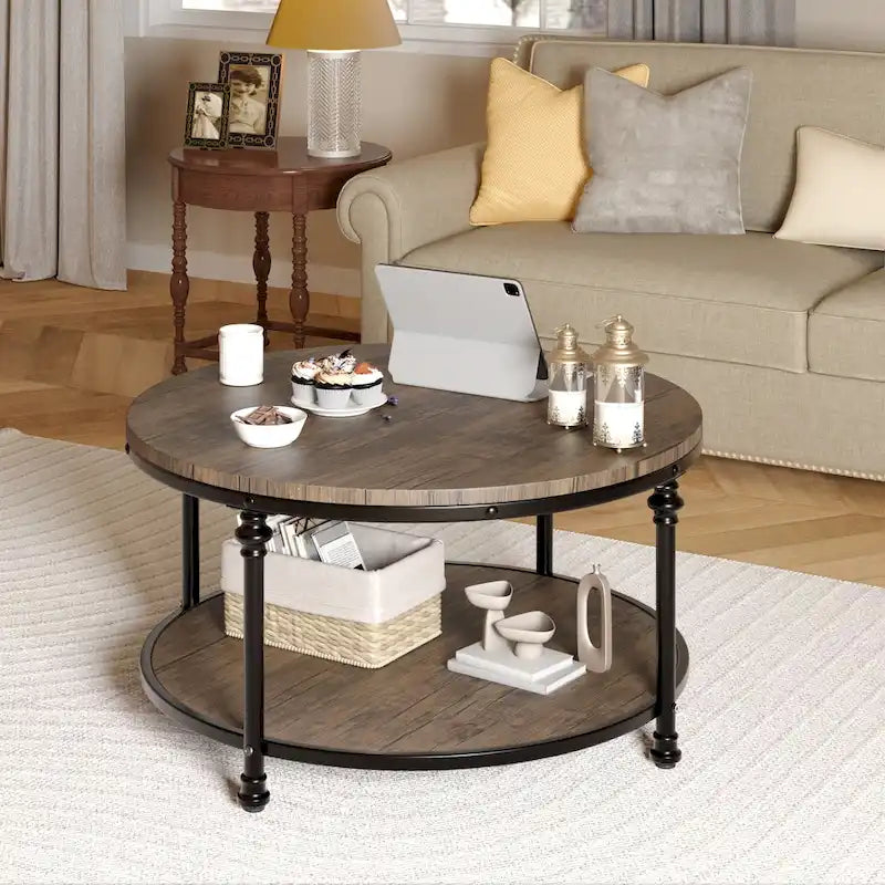 Natural Wood Round Coffee Table with 2-Tier Storage