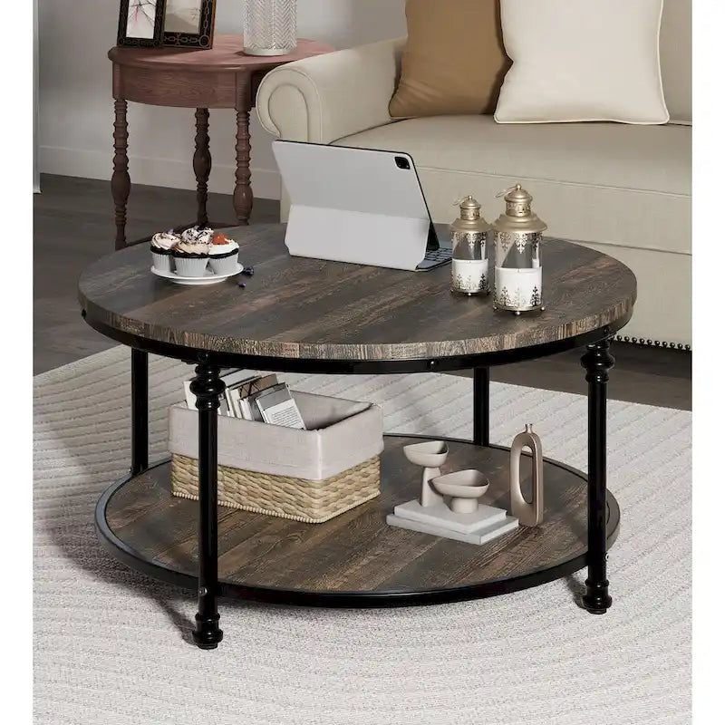 Natural Wood Round Coffee Table with 2-Tier Storage