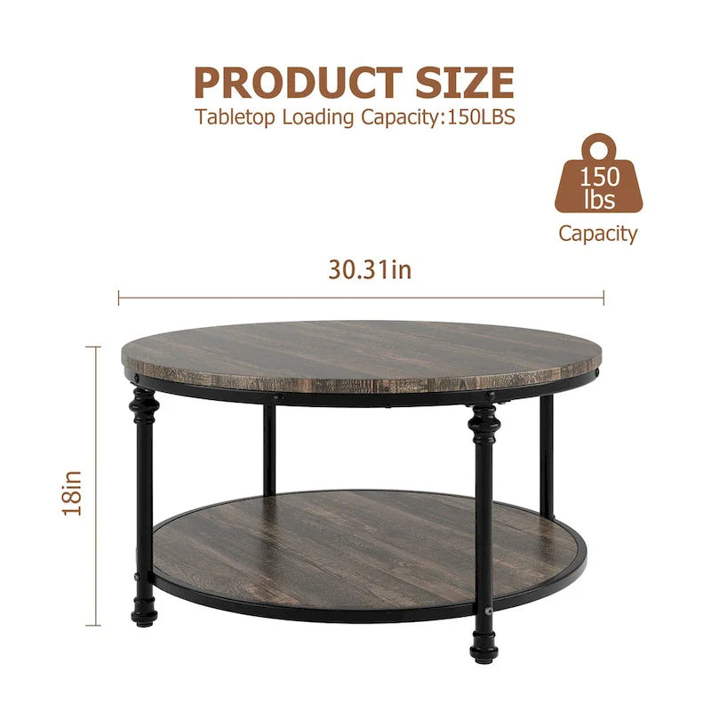 Natural Wood Round Coffee Table with 2-Tier Storage