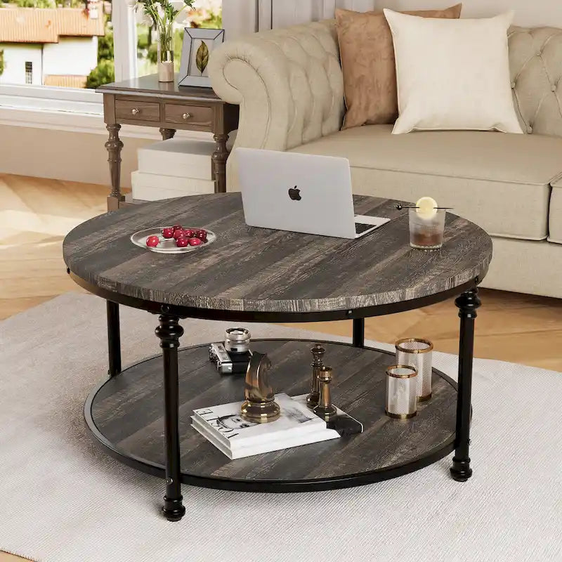 Natural Wood Round Coffee Table with 2-Tier Storage