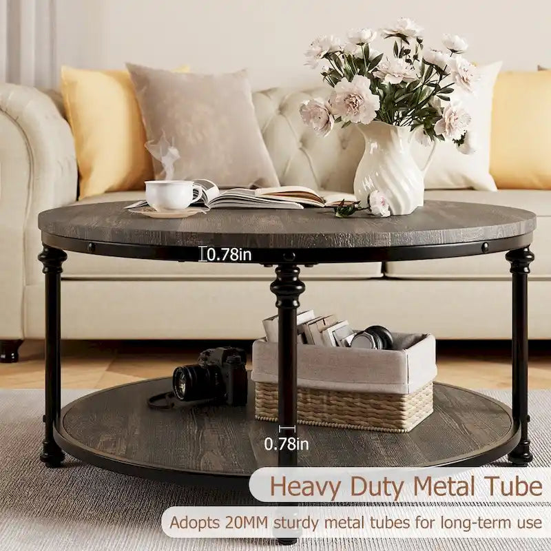 Natural Wood Round Coffee Table with 2-Tier Storage