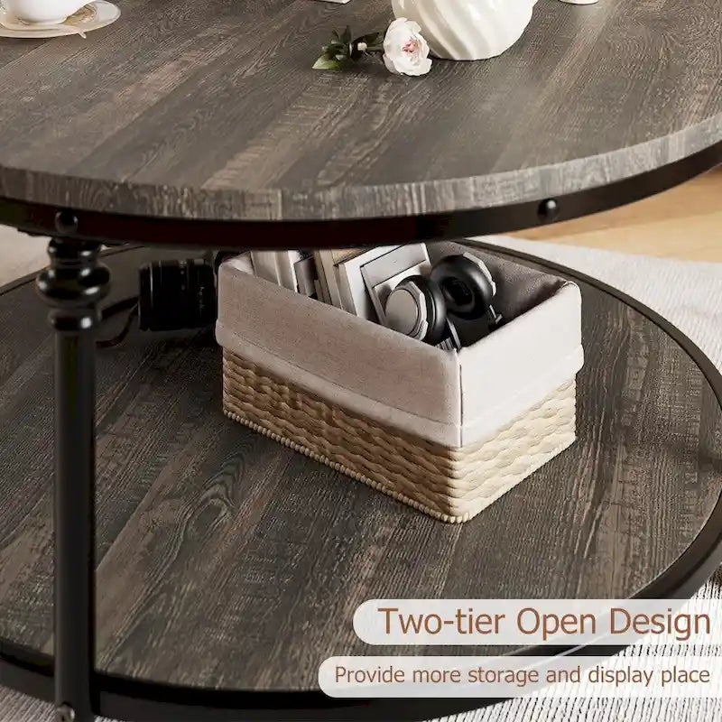 Natural Wood Round Coffee Table with 2-Tier Storage