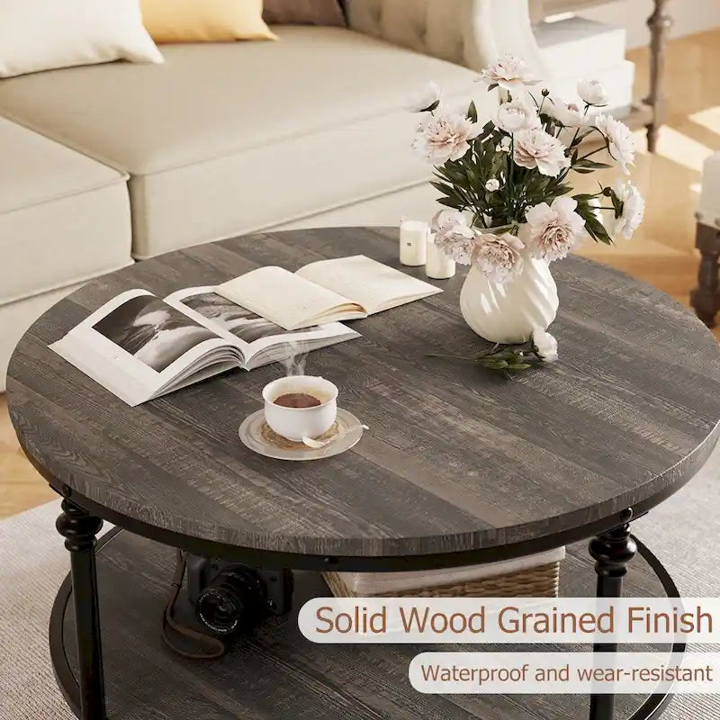 Natural Wood Round Coffee Table with 2-Tier Storage