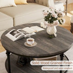 Natural Wood Round Coffee Table with 2-Tier Storage
