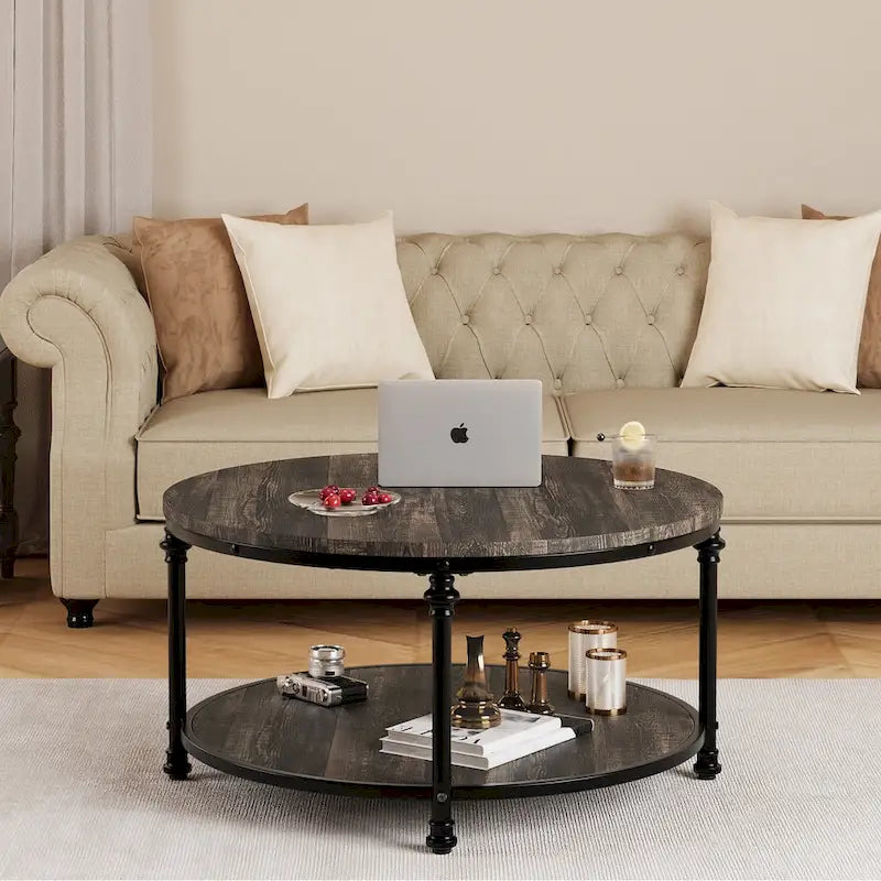Natural Wood Round Coffee Table with 2-Tier Storage