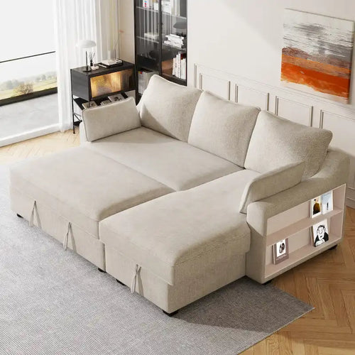 Pull Out Sleeper Sofa L-Shaped Couch Convertible Sofa Bed with Storage Chaise, Storage Racks and USB Ports