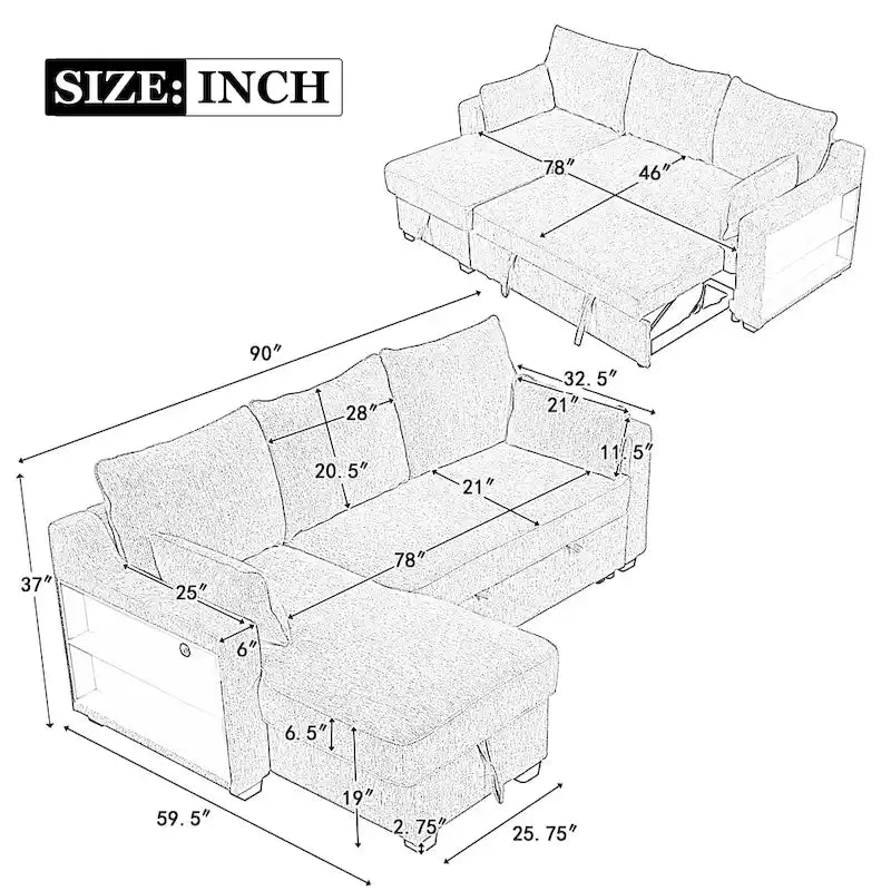 Beige Chenille L-Shaped Sleeper Sofa with Storage and USB Ports
