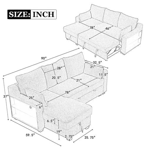 Beige Chenille L-Shaped Sleeper Sofa with Storage and USB Ports