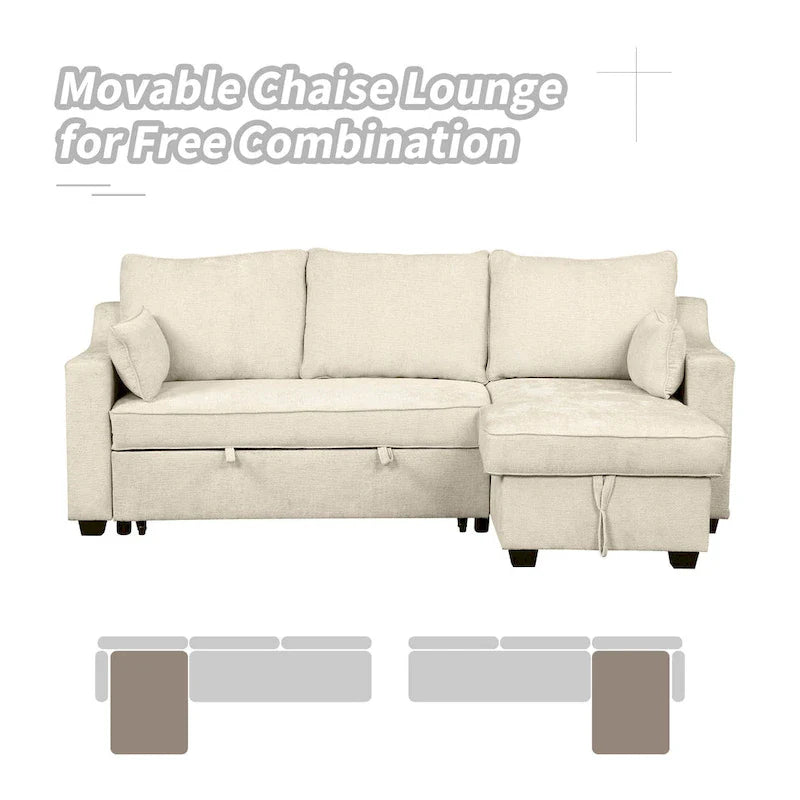 Beige Chenille L-Shaped Sleeper Sofa with Storage and USB Ports