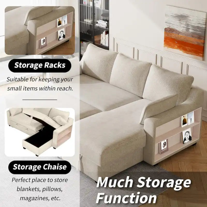Beige Chenille L-Shaped Sleeper Sofa with Storage and USB Ports
