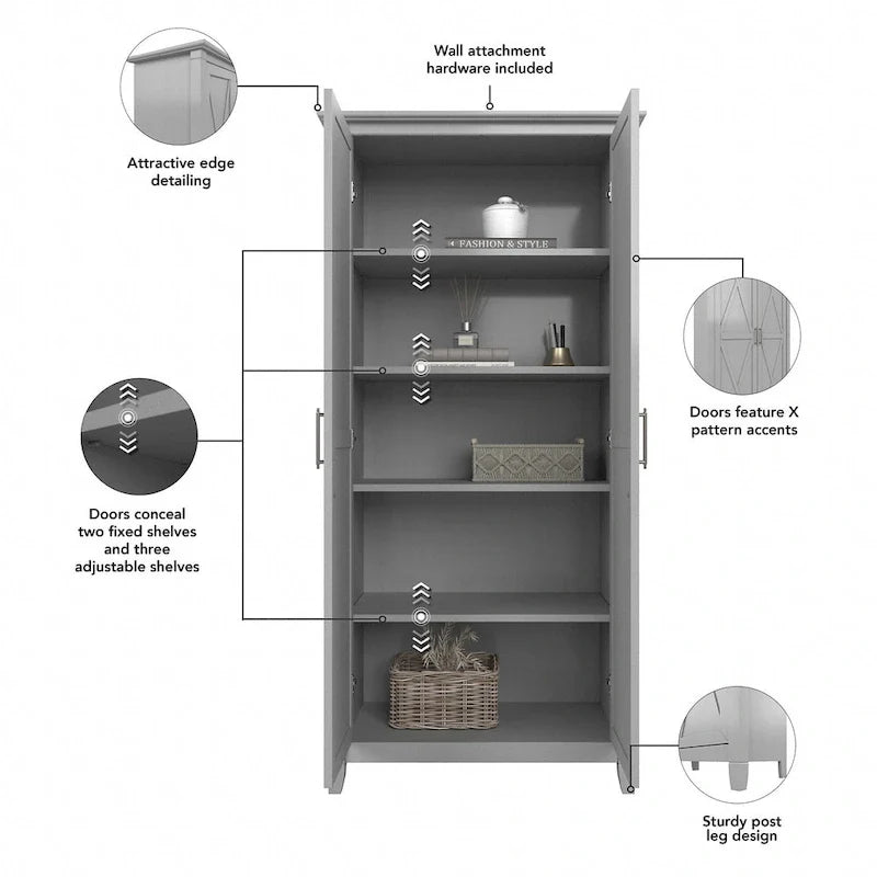 Farmhouse Style Tall Storage Cabinet with 2 Doors & 5 Shelves – Multiple Colors