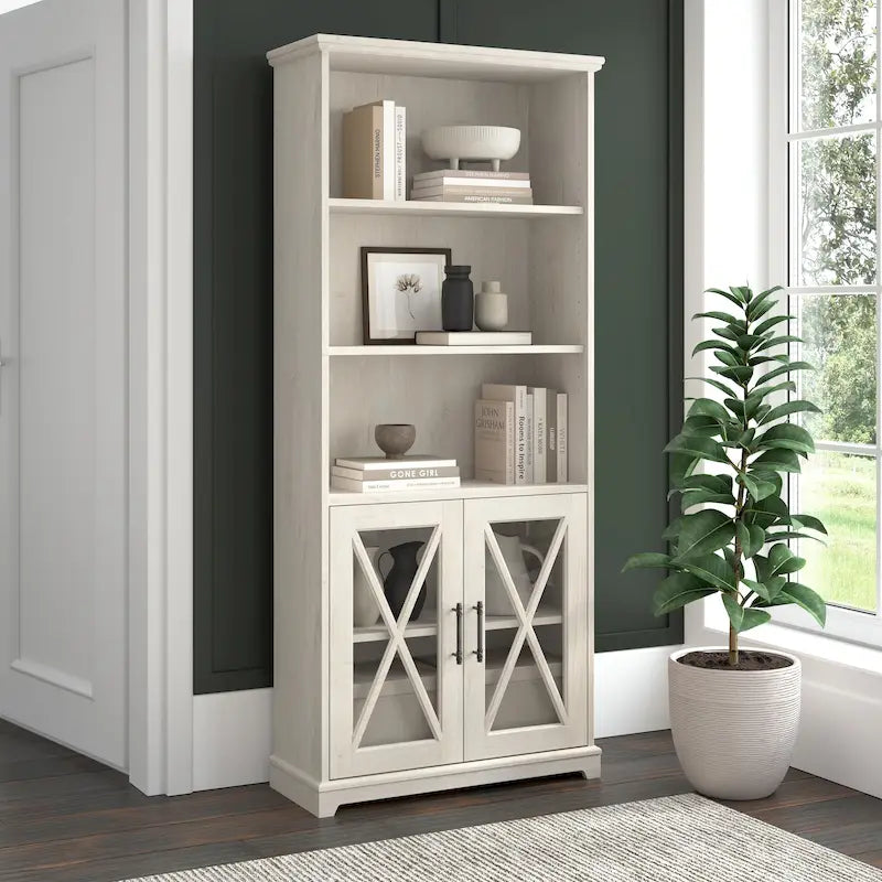 Linen White Oak Farmhouse 5-Shelf Bookcase with Glass Doors – 1 Person