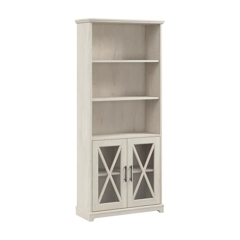 Linen White Oak Farmhouse 5-Shelf Bookcase with Glass Doors – 1 Person