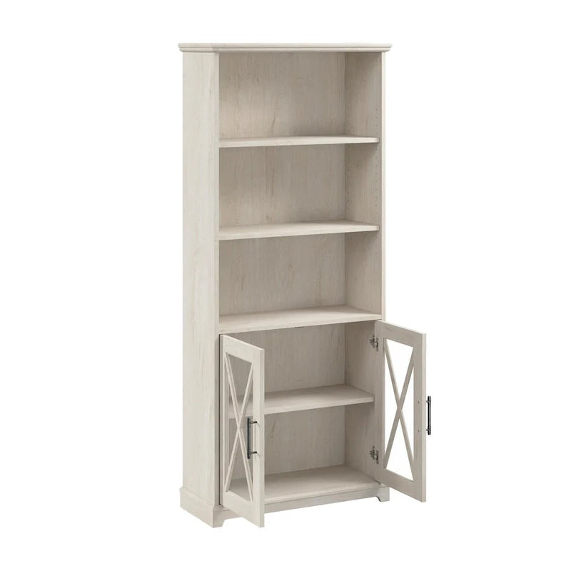 Linen White Oak Farmhouse 5-Shelf Bookcase with Glass Doors – 1 Person