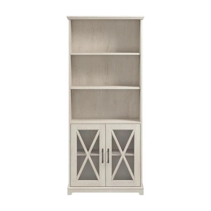 Linen White Oak Farmhouse 5-Shelf Bookcase with Glass Doors – 1 Person