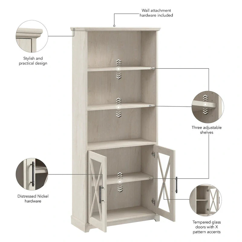 Linen White Oak Farmhouse 5-Shelf Bookcase with Glass Doors – 1 Person