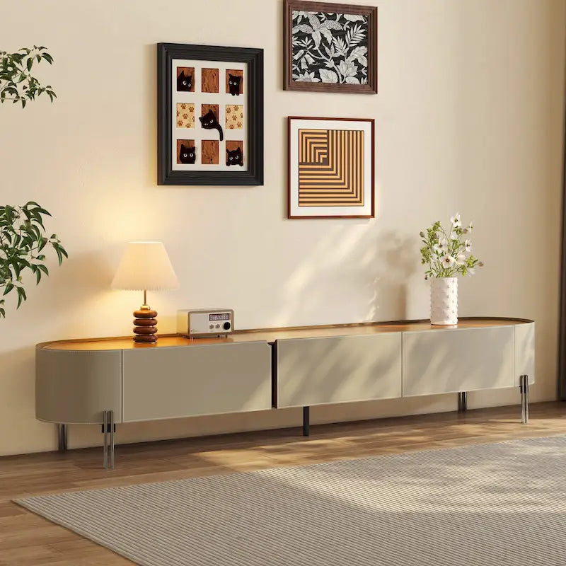 Brown Leather TV Stand for Living Room with 3 Drawers and Metal Legs