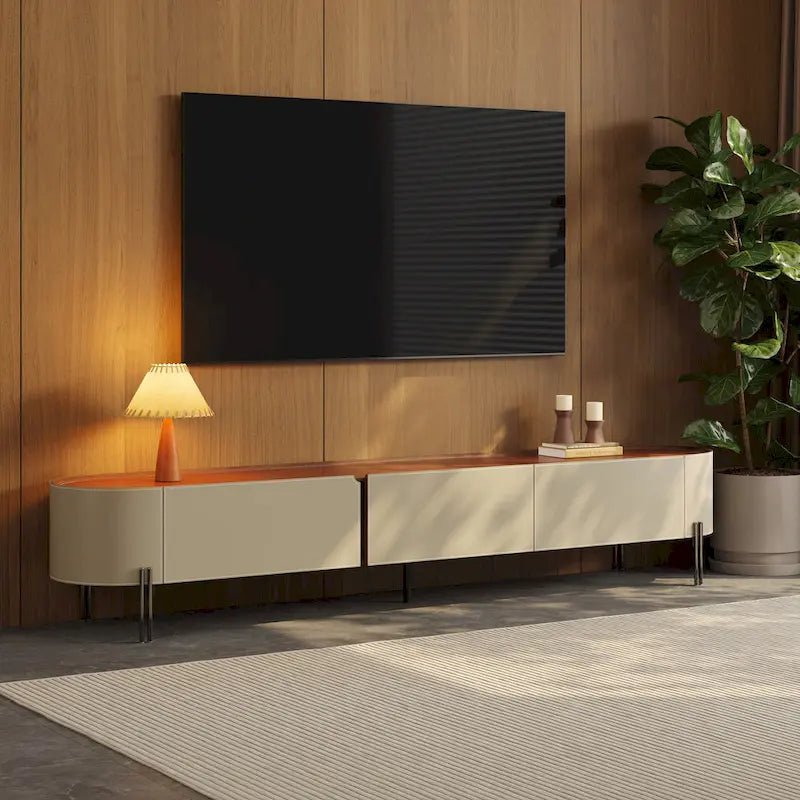 Brown Leather TV Stand for Living Room with 3 Drawers and Metal Legs