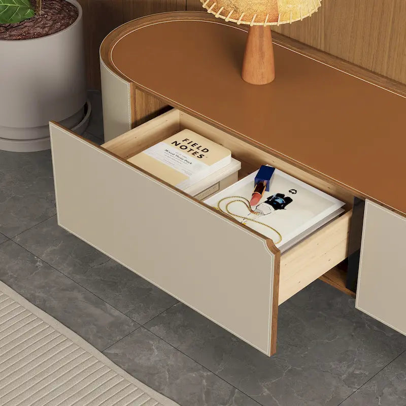 Brown Leather TV Stand for Living Room with 3 Drawers and Metal Legs