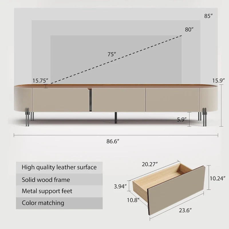 Brown Leather TV Stand for Living Room with 3 Drawers and Metal Legs