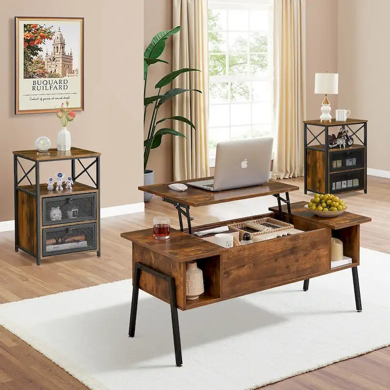 Dark Brown Lift-Top Coffee Table Set for 2-4 People with Storage and 2 Nightstands