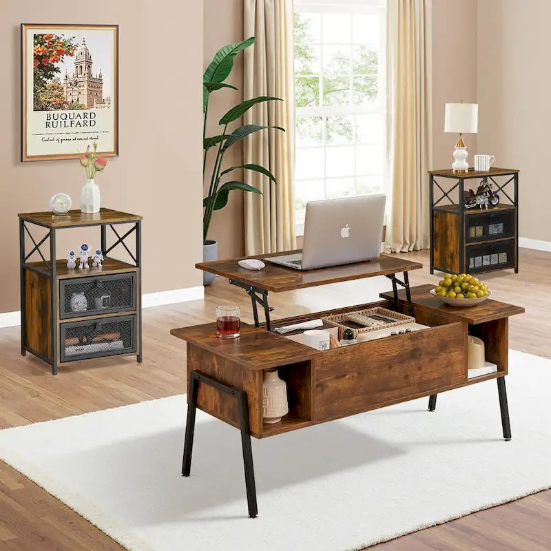 VECELO 3-piece Coffee Table Set,Lift Top Coffee Table with Hidden Storage and Nightstands Set of 2