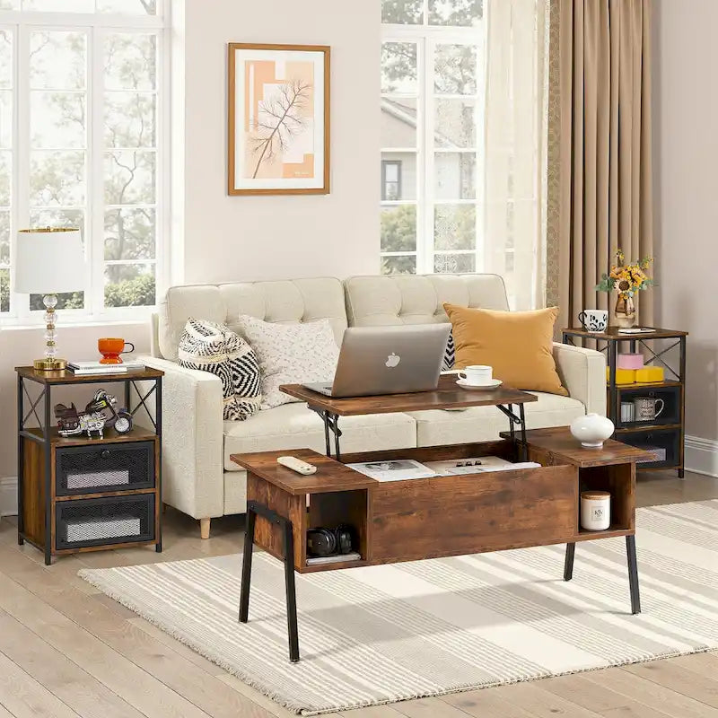 Dark Brown Lift-Top Coffee Table Set for 2-4 People with Storage and 2 Nightstands