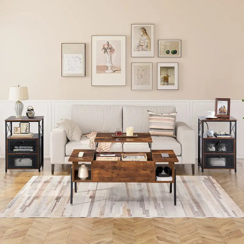 Dark Brown Lift-Top Coffee Table Set for 2-4 People with Storage and 2 Nightstands