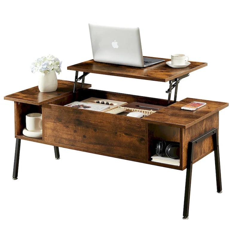 Dark Brown Lift-Top Coffee Table Set for 2-4 People with Storage and 2 Nightstands