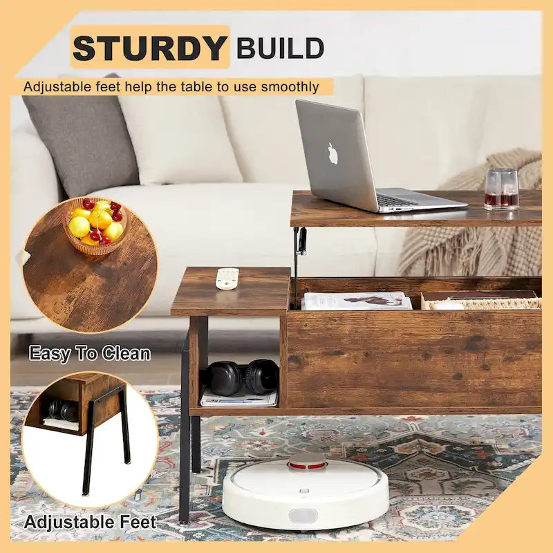 Black / Brown Lift-Top Coffee Table Set for 2–4, with Hidden Storage & 2 Nightstands