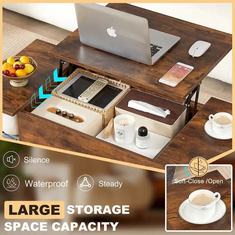 Black / Brown Lift-Top Coffee Table Set for 2–4, with Hidden Storage & 2 Nightstands