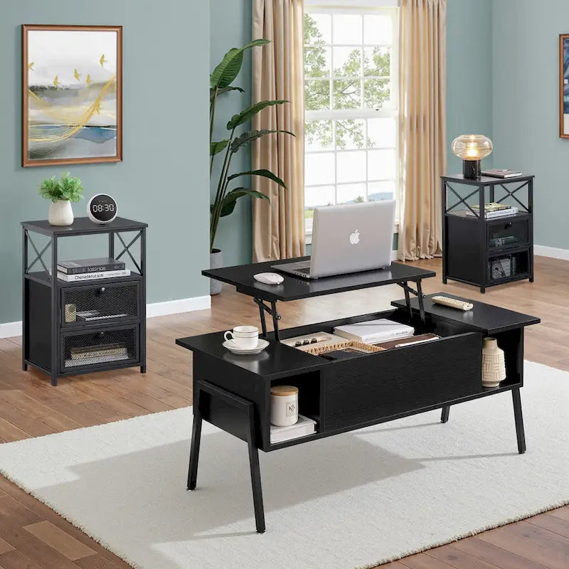Black / Brown Lift-Top Coffee Table Set for 2–4, with Hidden Storage & 2 Nightstands