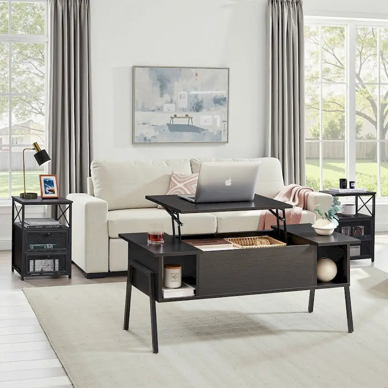 Black / Brown Lift-Top Coffee Table Set for 2–4, with Hidden Storage & 2 Nightstands