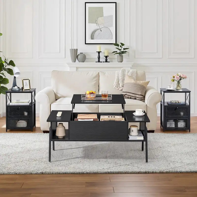 Black / Brown Lift-Top Coffee Table Set for 2–4, with Hidden Storage & 2 Nightstands