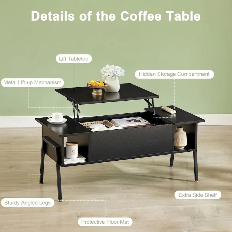Black / Brown Lift-Top Coffee Table Set for 2–4, with Hidden Storage & 2 Nightstands