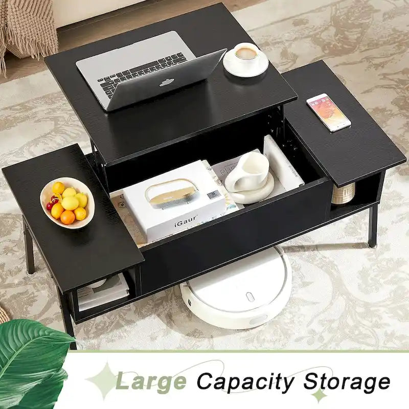 Black / Brown Lift-Top Coffee Table Set for 2–4, with Hidden Storage & 2 Nightstands