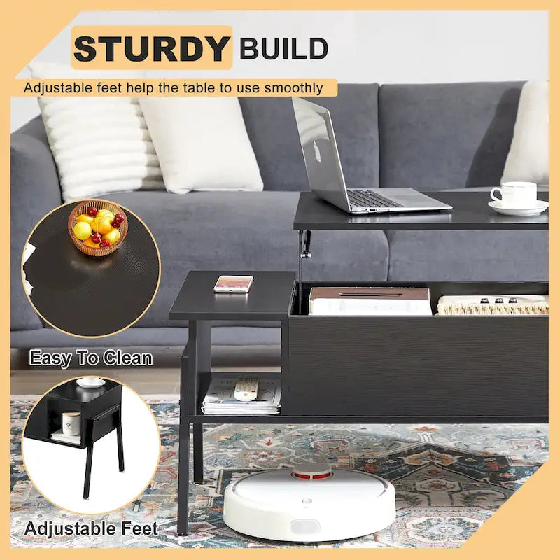 Black / Brown Lift-Top Coffee Table Set for 2–4, with Hidden Storage & 2 Nightstands