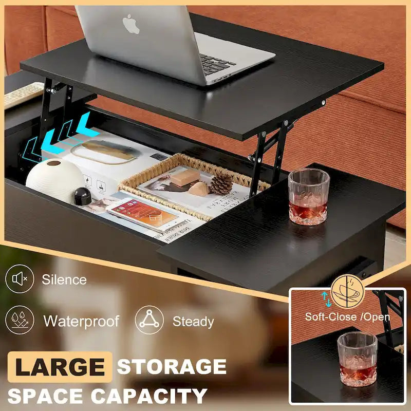 Black / Brown Lift-Top Coffee Table Set for 2–4, with Hidden Storage & 2 Nightstands
