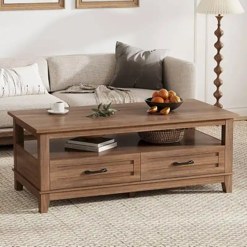 Farmhouse Coffee Table with Drawers and Open Shelf - N/A