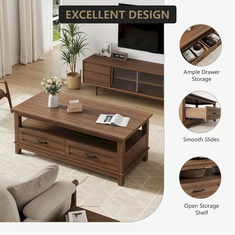 Walnut Coffee Table with Drawers and Open Shelf