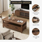 Walnut Coffee Table with Drawers and Open Shelf