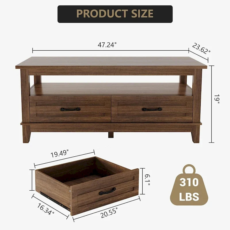 Walnut Coffee Table with Drawers and Open Shelf